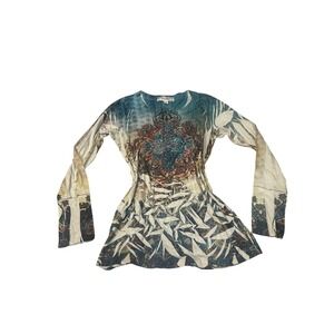 Decree Womens Long Sleeve Boho Mandala Burnout Mixed Print Top Teal Cream M